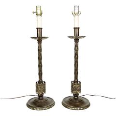 Pair of 20th Century Oscar Bach Cast Bronze Columnar Form Table Lamps 3