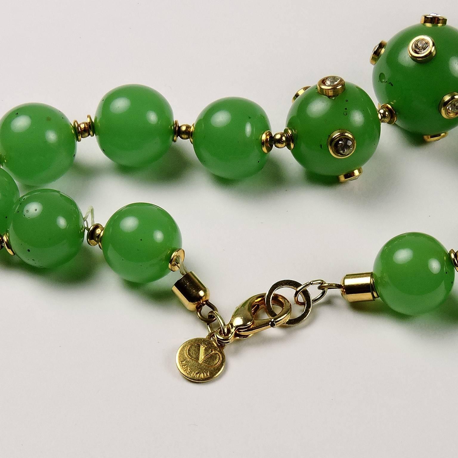Vintage Valentino Crystal and Graduated Green Bead Necklace In Good Condition In Concord, MA