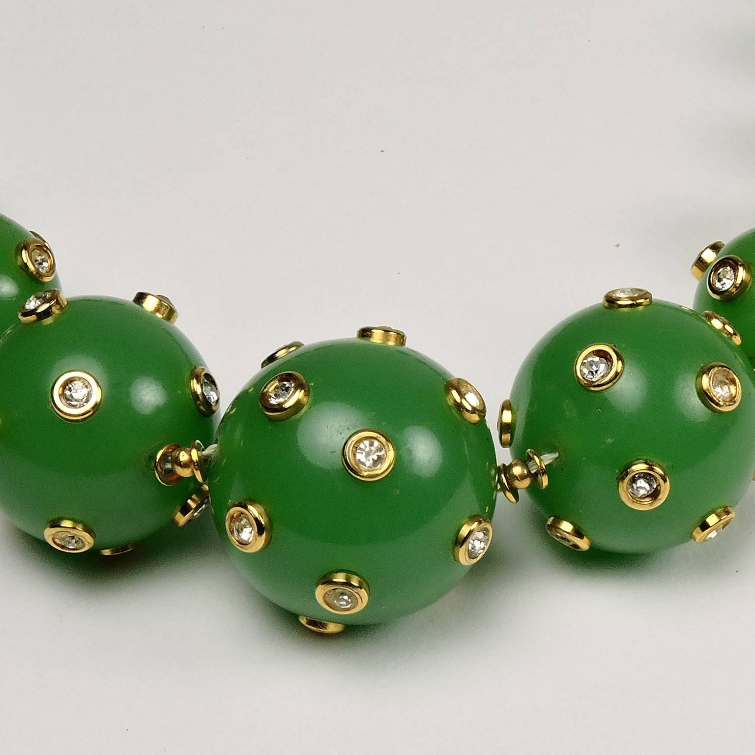 Italian Vintage Valentino Crystal and Graduated Green Bead Necklace