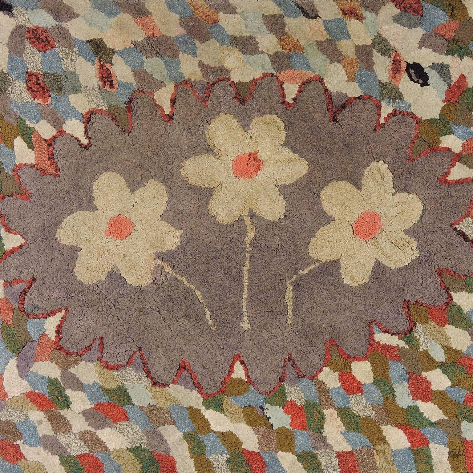 Folk Art Wonderful and Graphic Vintage American Hooked Rug For Sale