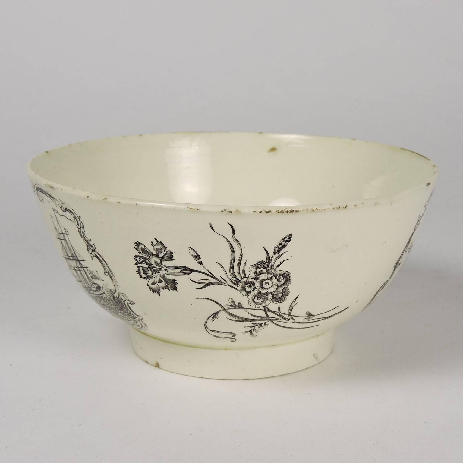 Porcelain Rare 18th Century English Cream ware Black Transferware Bowl For Sale