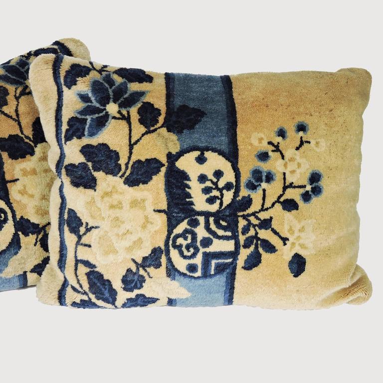 Pair of Antique Chinese Floral Rug Pillows For Sale at 1stDibs
