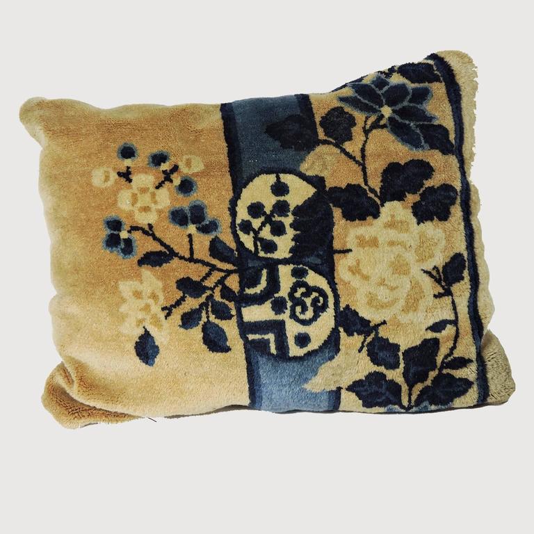 Pair of Antique Chinese Floral Rug Pillows For Sale at 1stDibs