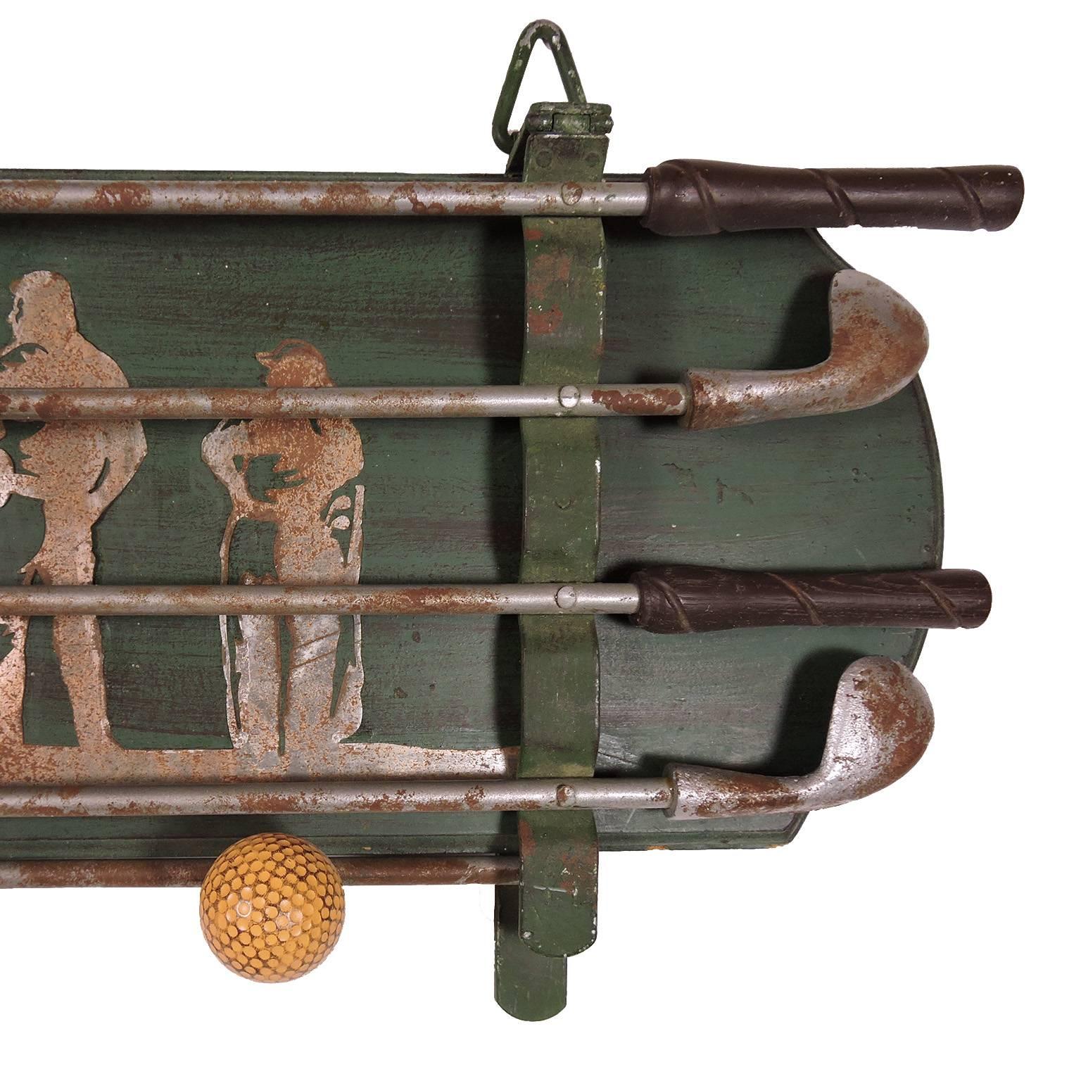 Unusual Vintage Green and Silver Painted Golfer's Wall Hanging Coat Rack In Fair Condition For Sale In Concord, MA