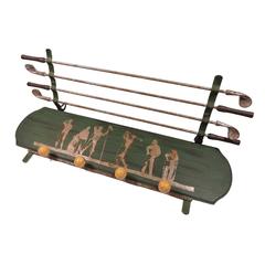 Unusual Vintage Green and Silver Painted Golfer's Wall Hanging Coat Rack