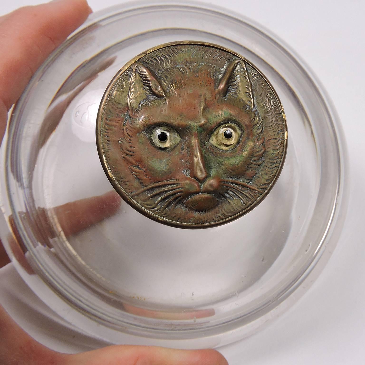 Whimsical Antique 19th Century Cat Top Glass and Bronze Inkwell  In Good Condition In Concord, MA