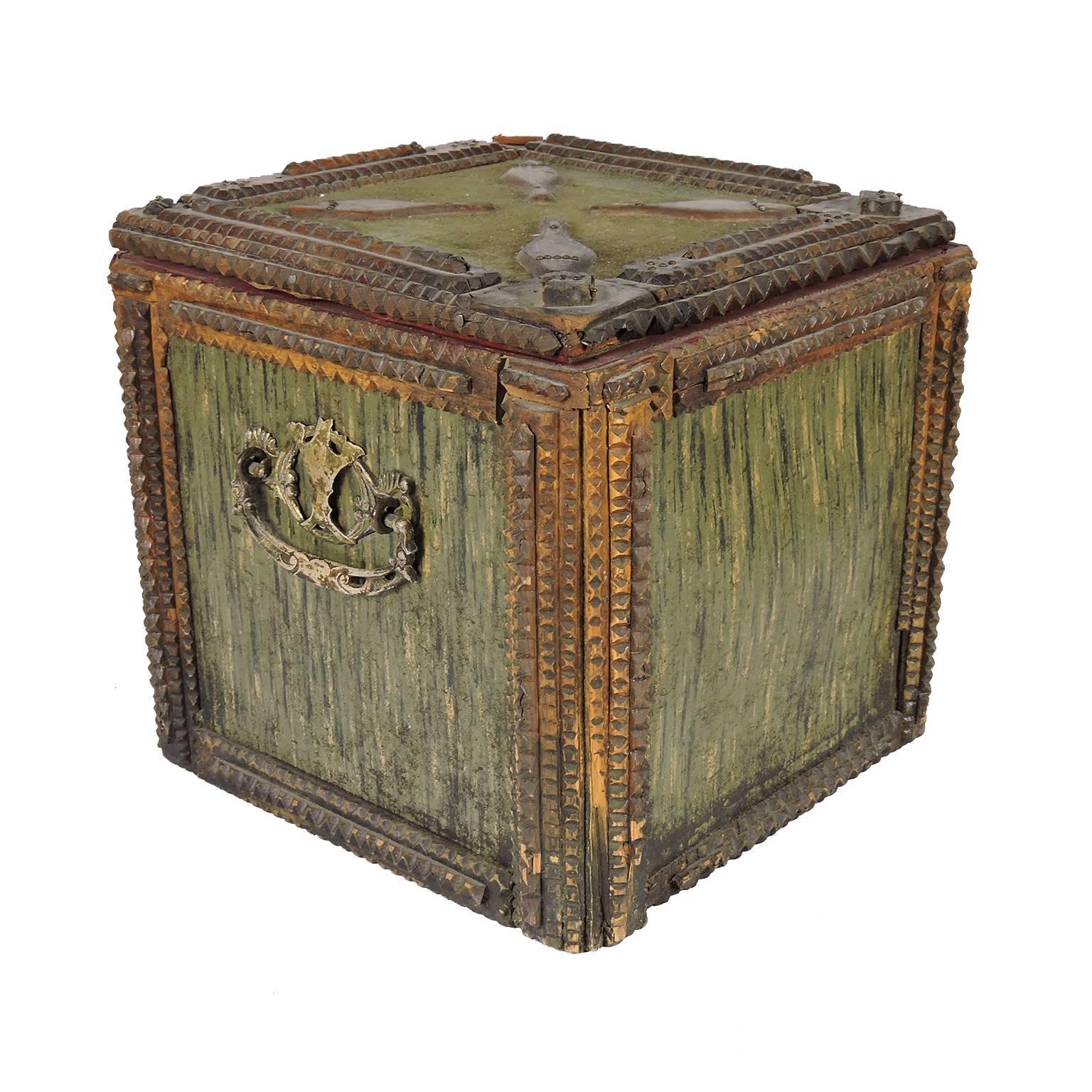 Unusual Tramp Art Fitted Bowling Ball Box In Good Condition In Concord, MA