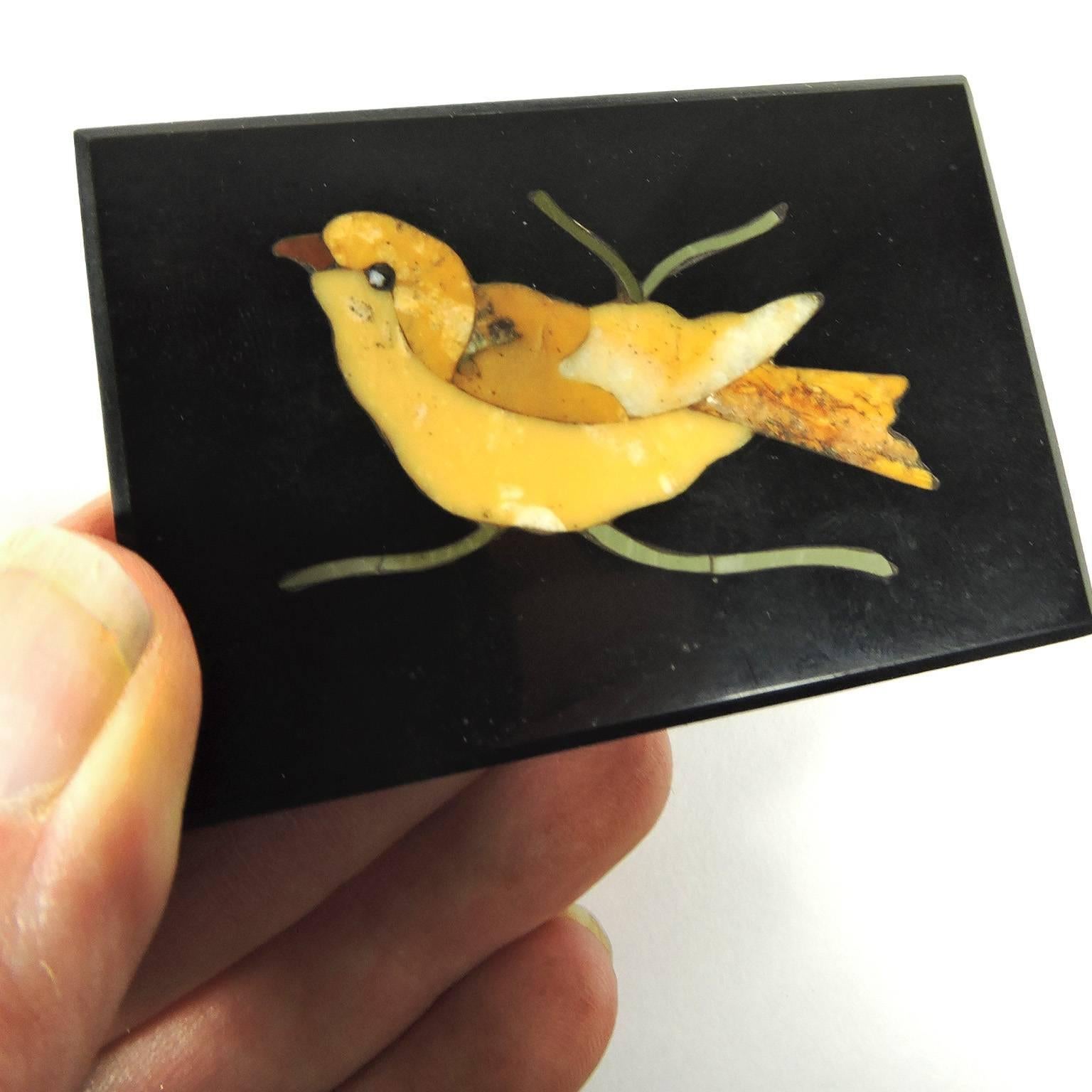 Miniature Italian Pietra Dura bird mosiac tile, onyx marble tile inlaid with sienna and rouge marble with green onyx, numbered on verso 