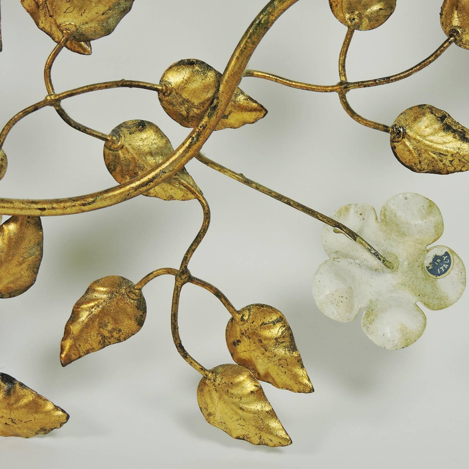 Italian Mid-Century Modern Gilt and Tole Painted Metal Floral Wall Decoration In Good Condition In Concord, MA