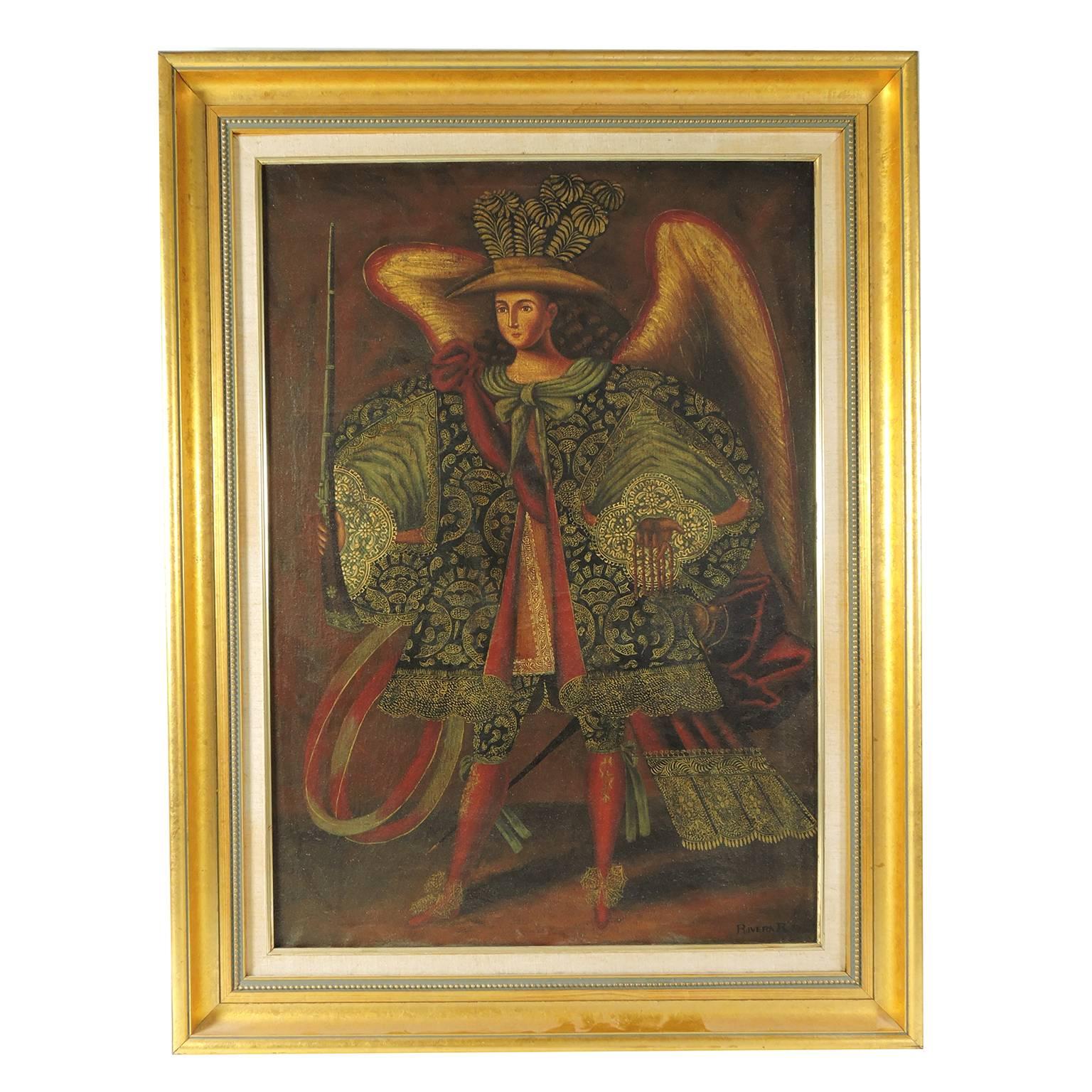 19th century Cuzco School style Angel Arcabucero. Oil on canvas signed and dated 