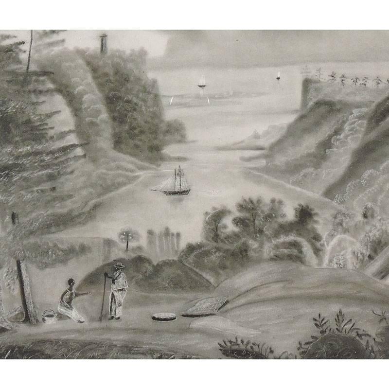 American 19th Century Folk Art Sandpaper Painting of the Hudson River