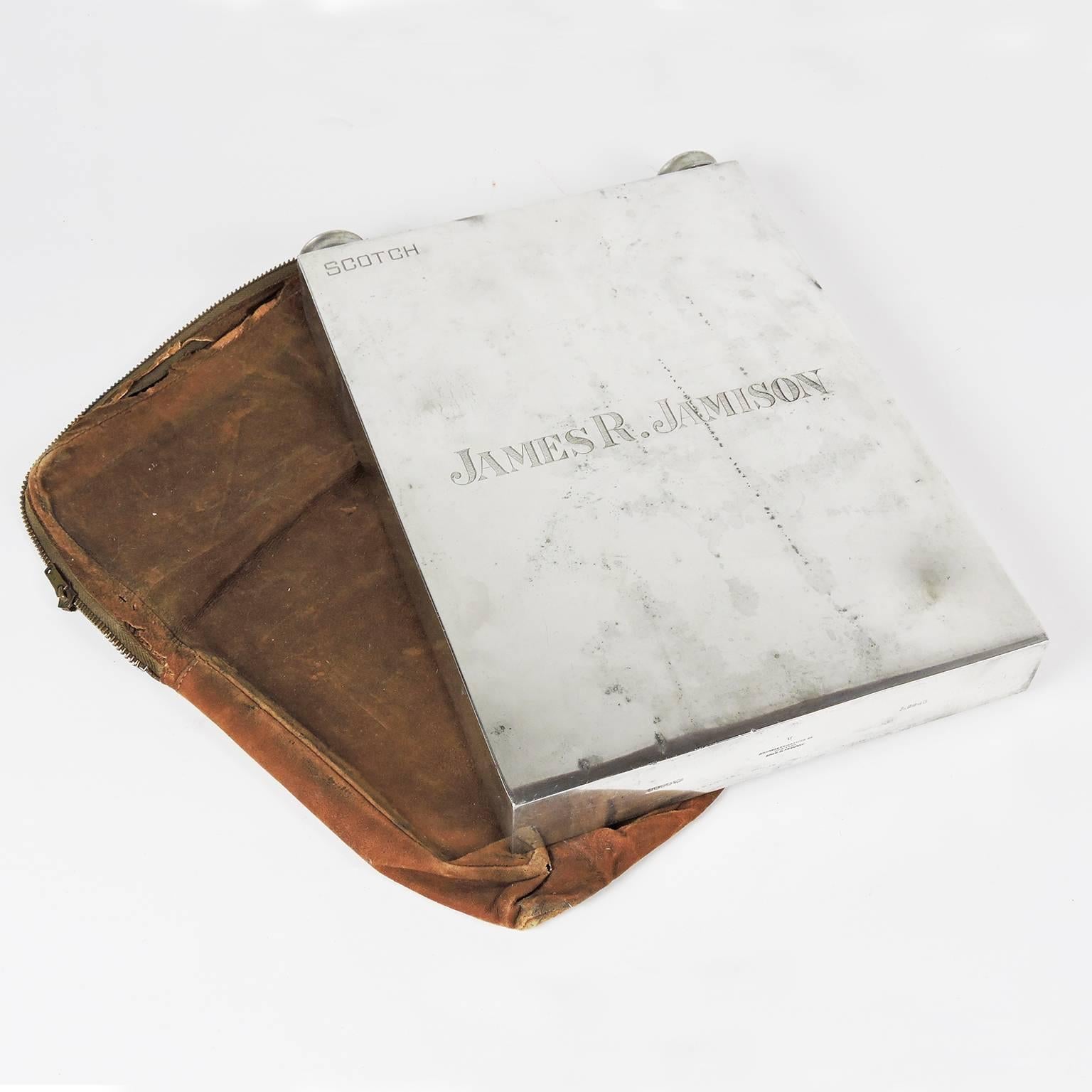 Abercrombie & Fitch silver plate double flask, James Dixon & Sons, maker for Abercrombie & Fitch Co., New York; with original calfs leather pouch, engraved 