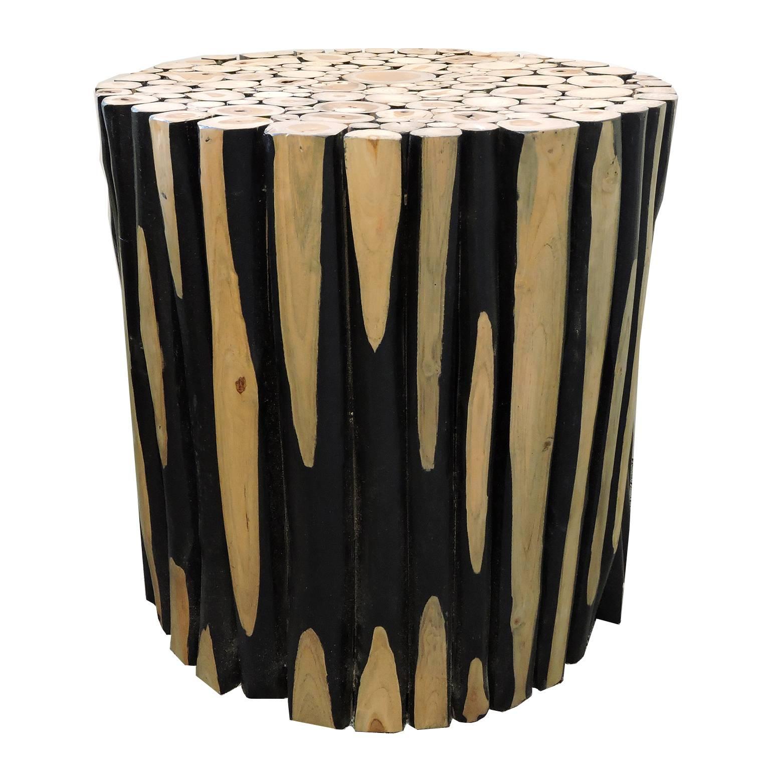 Pair of Mid-Century Modern unusual Rustic log round side tables, constructed of various sized vertical black-painted and planed round logs with the top fitted with cross cut sections forming a millifiori looking wood design.
Measures: Height: 24
