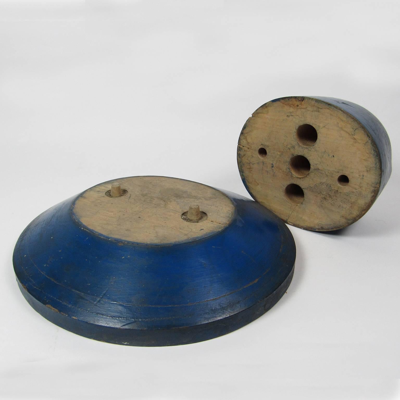 Rare blue painted hat block, late 19th-early 20th century; in two parts, marked 