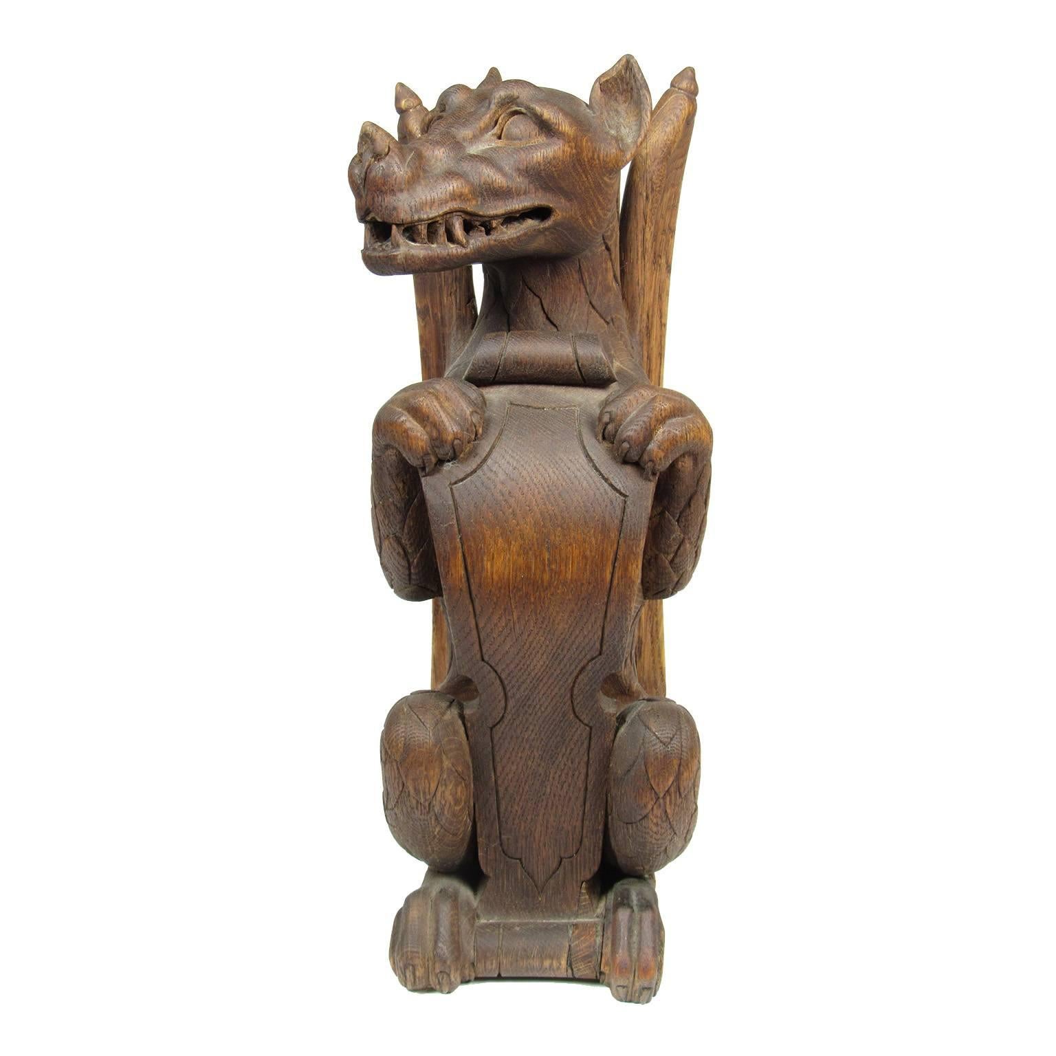 Rare 19th Century Carved Wood Figure of a Dragon Holding a Shield In Good Condition For Sale In Concord, MA