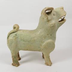 Ancient Chinese Han Dynasty Green Glazed Pottery Figure of a Barking Dog