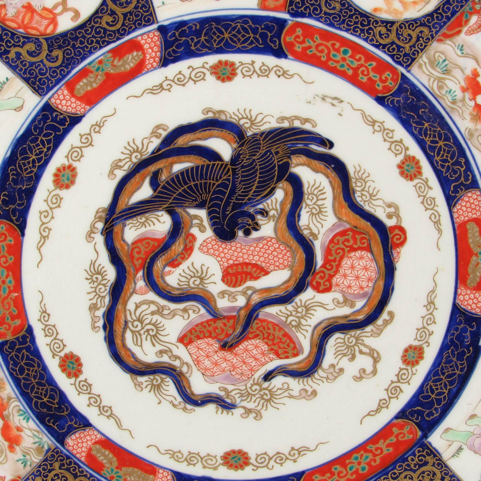 Japanese imari charger, circa 1840.
Diameter: 16 inches.
Provenance: Acquired in 1978 from Harumi Antiques, Tokyo, Japan.
