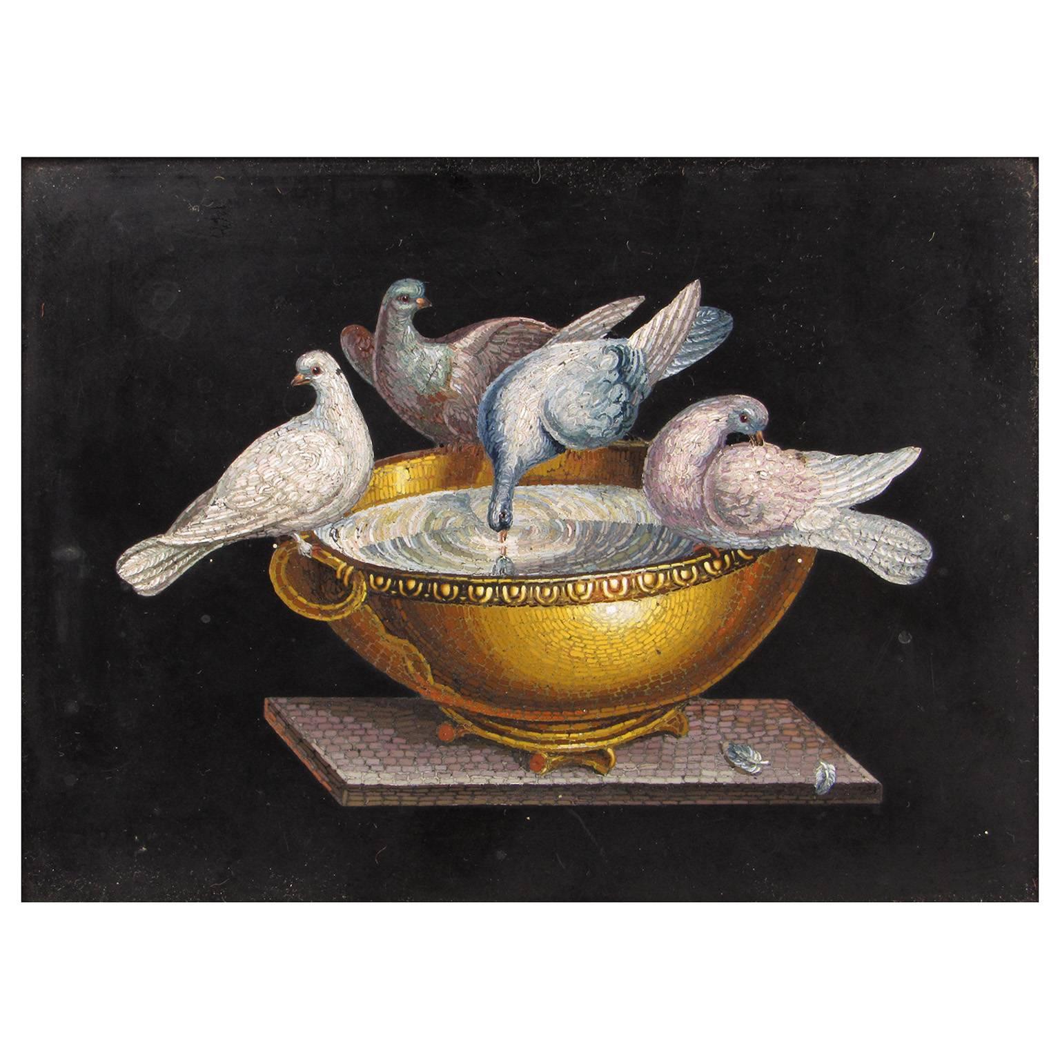19th century Italian micromosaic panel depicting the Doves of Pliny, also known as the Capitoline Doves. Housed in it's original carved, ebonized and giltwood frame. Excellent quality.
Mosaic: 4 x 5 1/4 inches; framed: 6 78 x 8 1/4 inches.
Note: