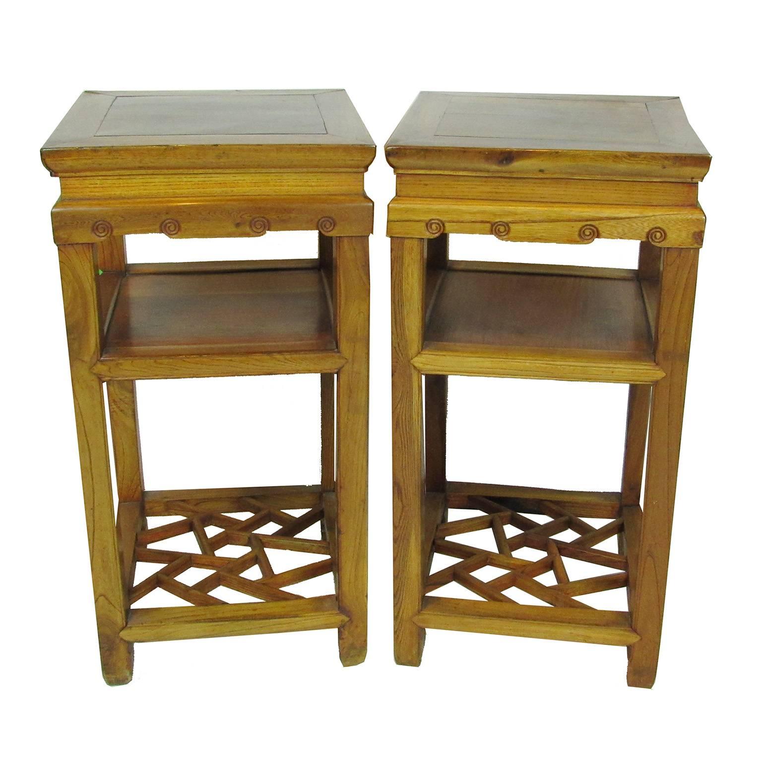 Antique pair of elmwood (Jumu) Chinese carved side tables or stands, 19th century. Traditional 