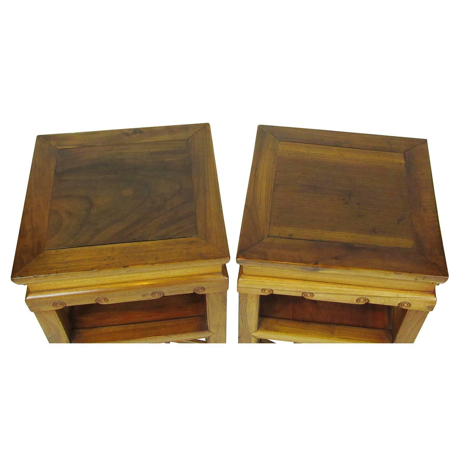 Softwood Pair of 19th Century Chinese Carved Elmwood (Jumu) Side Table, Stands For Sale