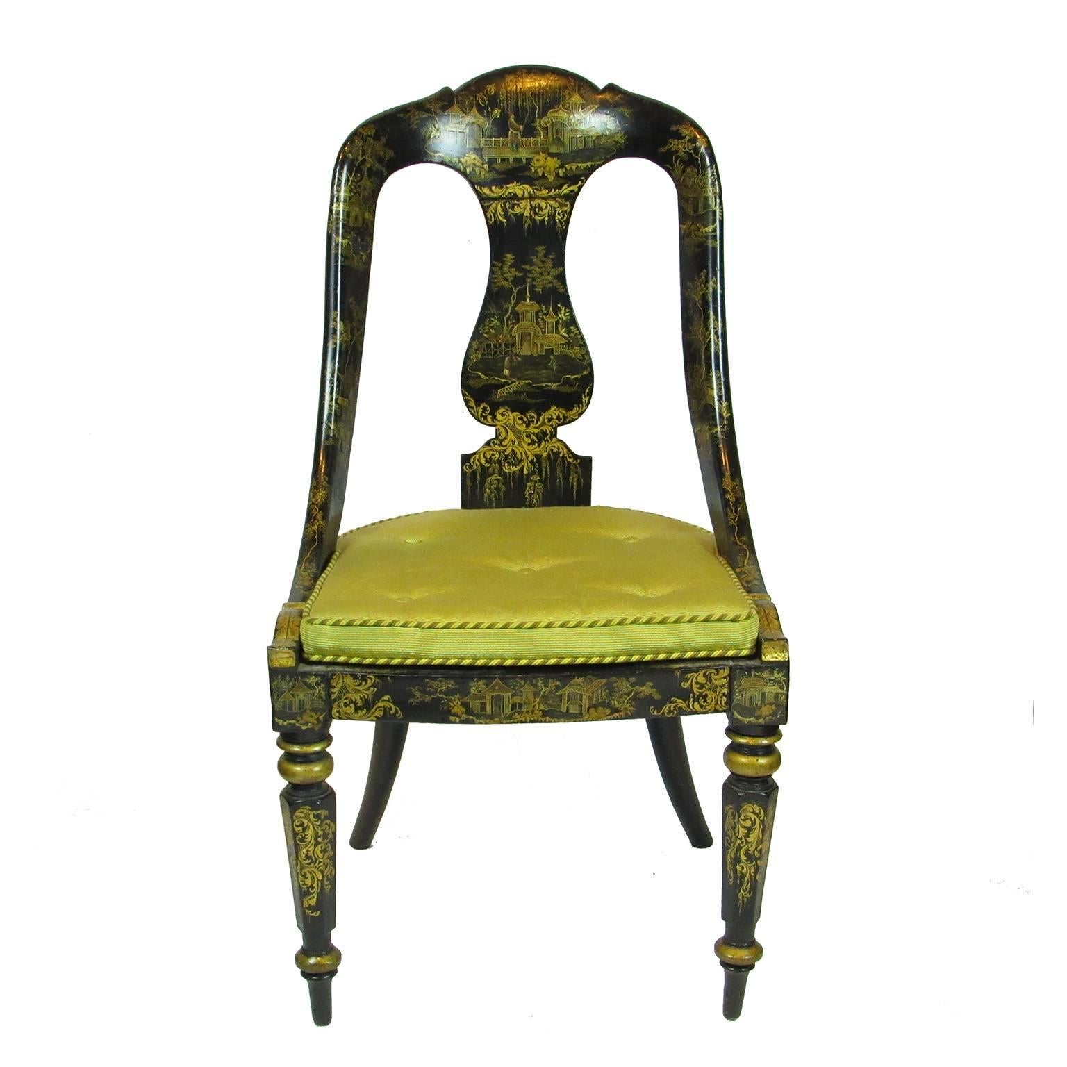 English Pair of Regency Japanned and Gilt Decorated Cane Seat Chairs