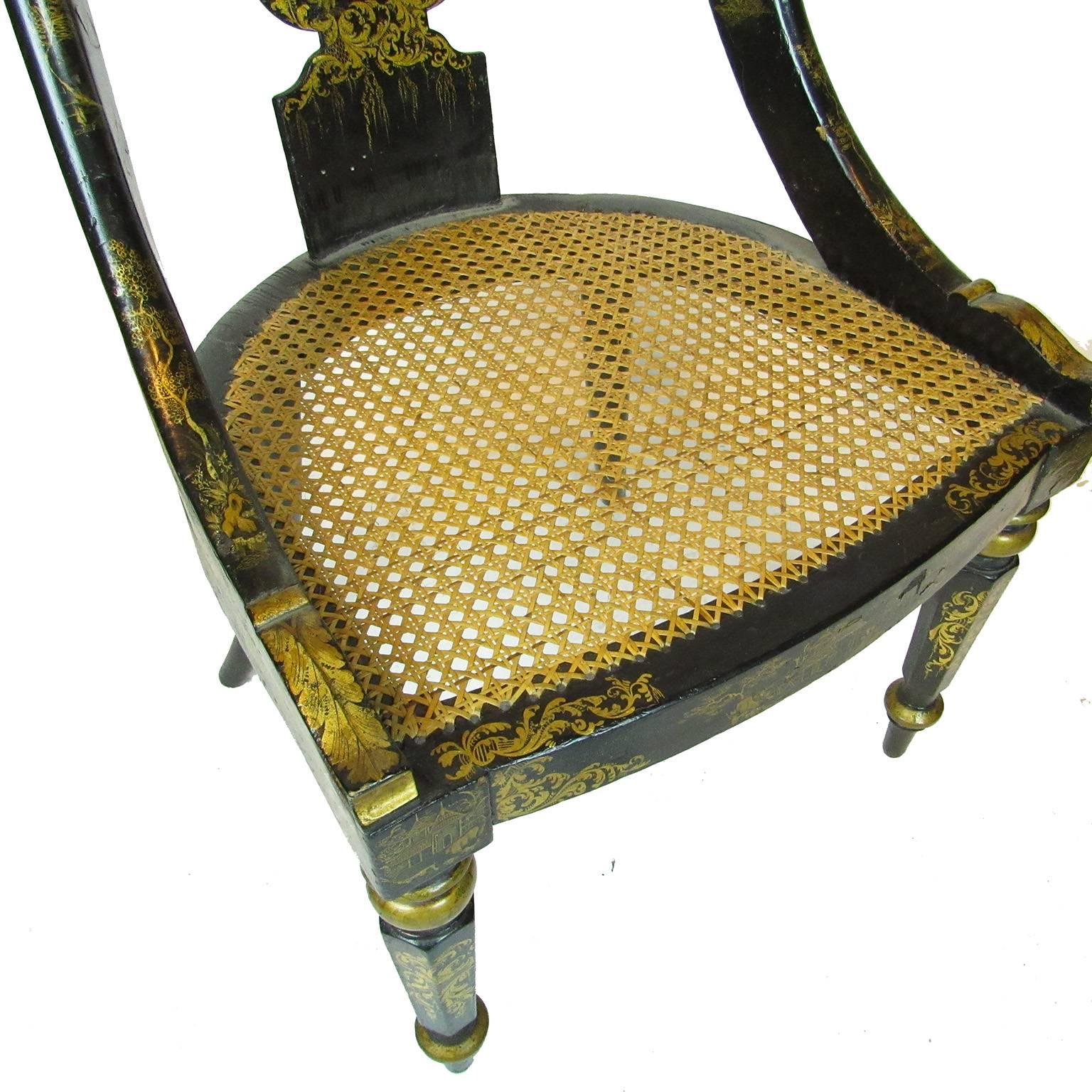 Pair of Regency Japanned and Gilt Decorated Cane Seat Chairs 3