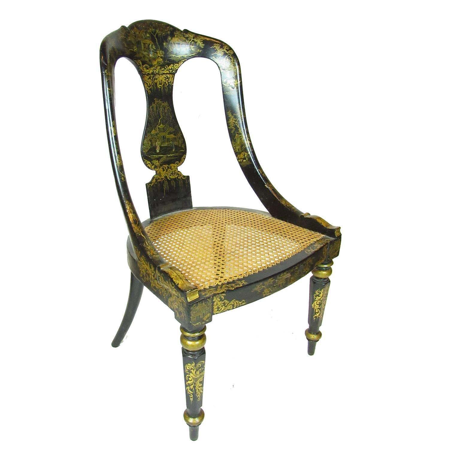Pair of Regency Japanned and Gilt Decorated Cane Seat Chairs 2