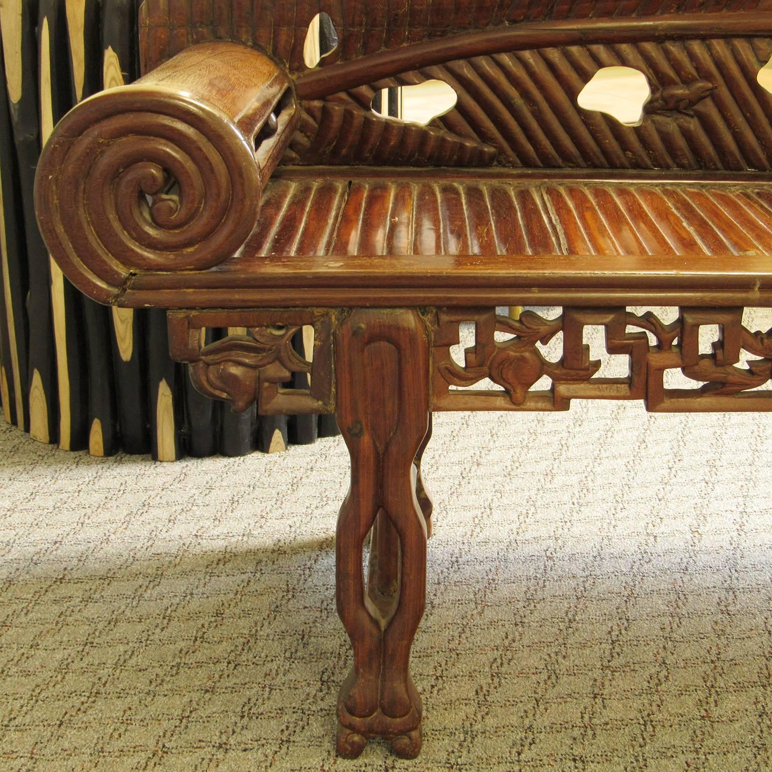 Unusual Antique Asian Carved Hardwood Scroll Arm Chaise In Good Condition For Sale In Concord, MA
