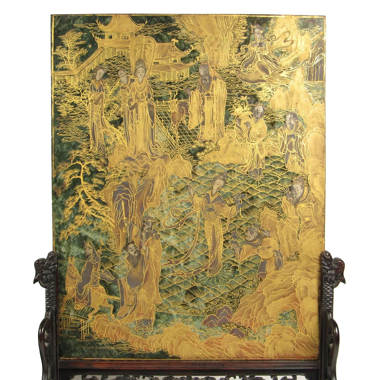 Pair of 19th Century Chinese Gilt Decorated Spinach Green Jade Table Screens In Excellent Condition In Concord, MA