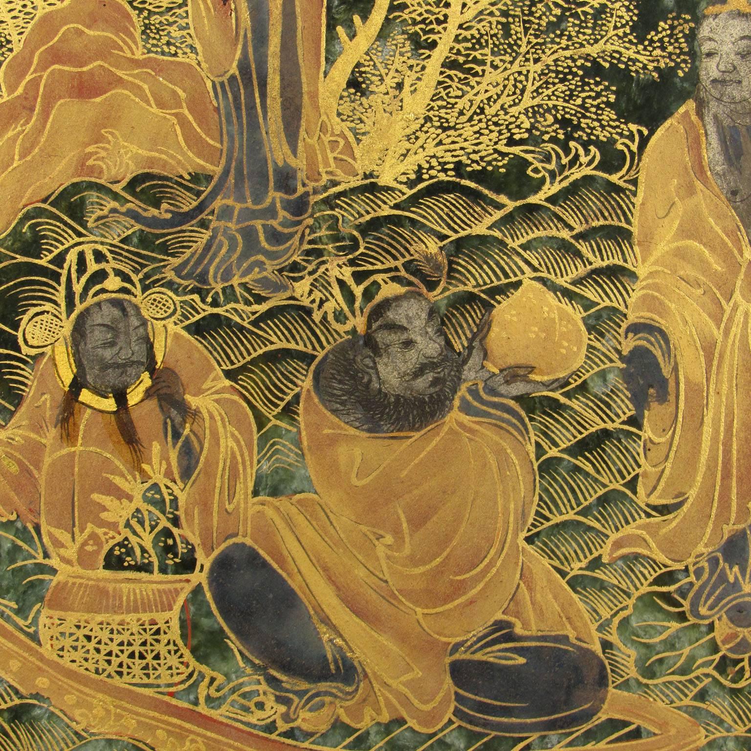 Pair of 19th Century Chinese Gilt Decorated Spinach Green Jade Table Screens 2