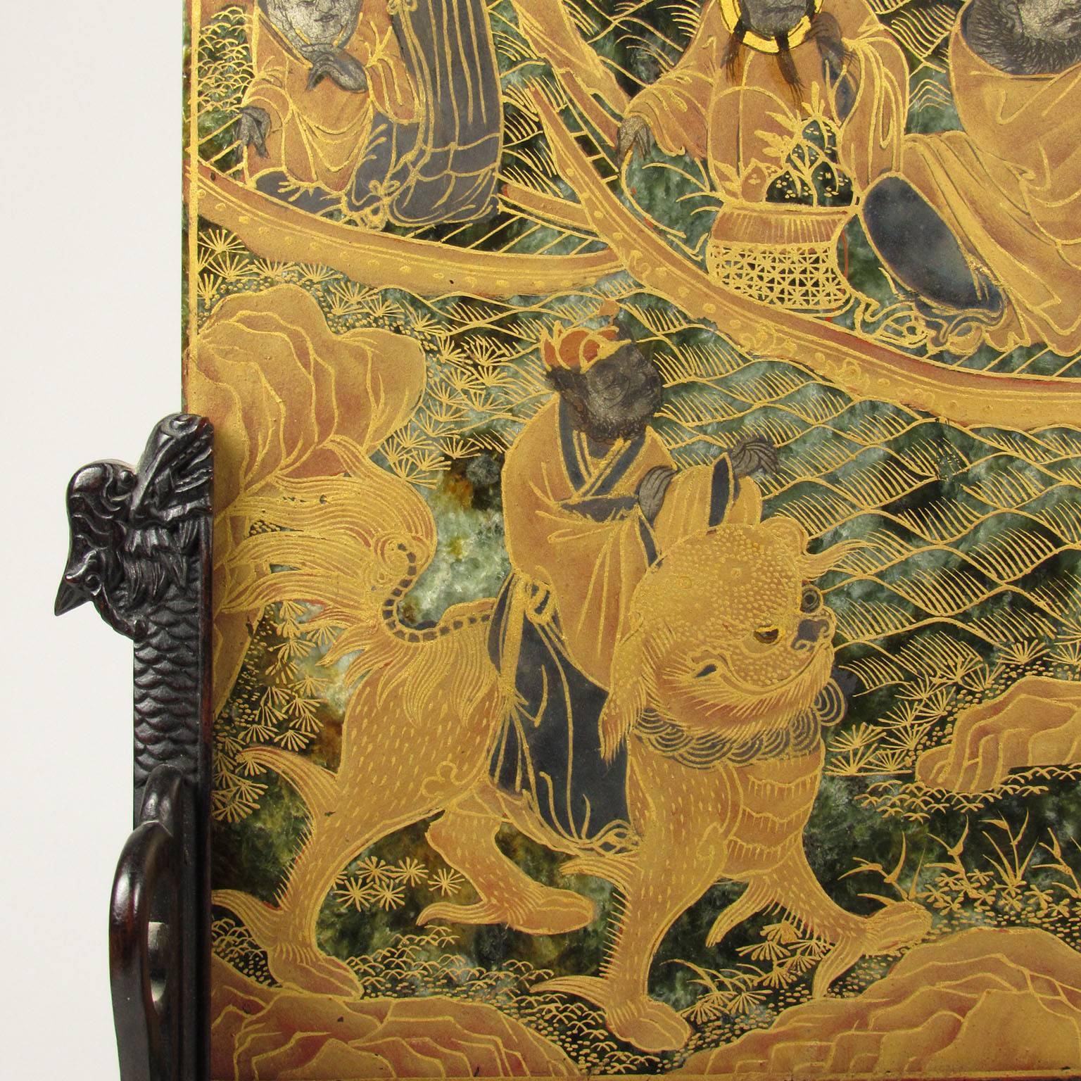 Pair of 19th Century Chinese Gilt Decorated Spinach Green Jade Table Screens 3