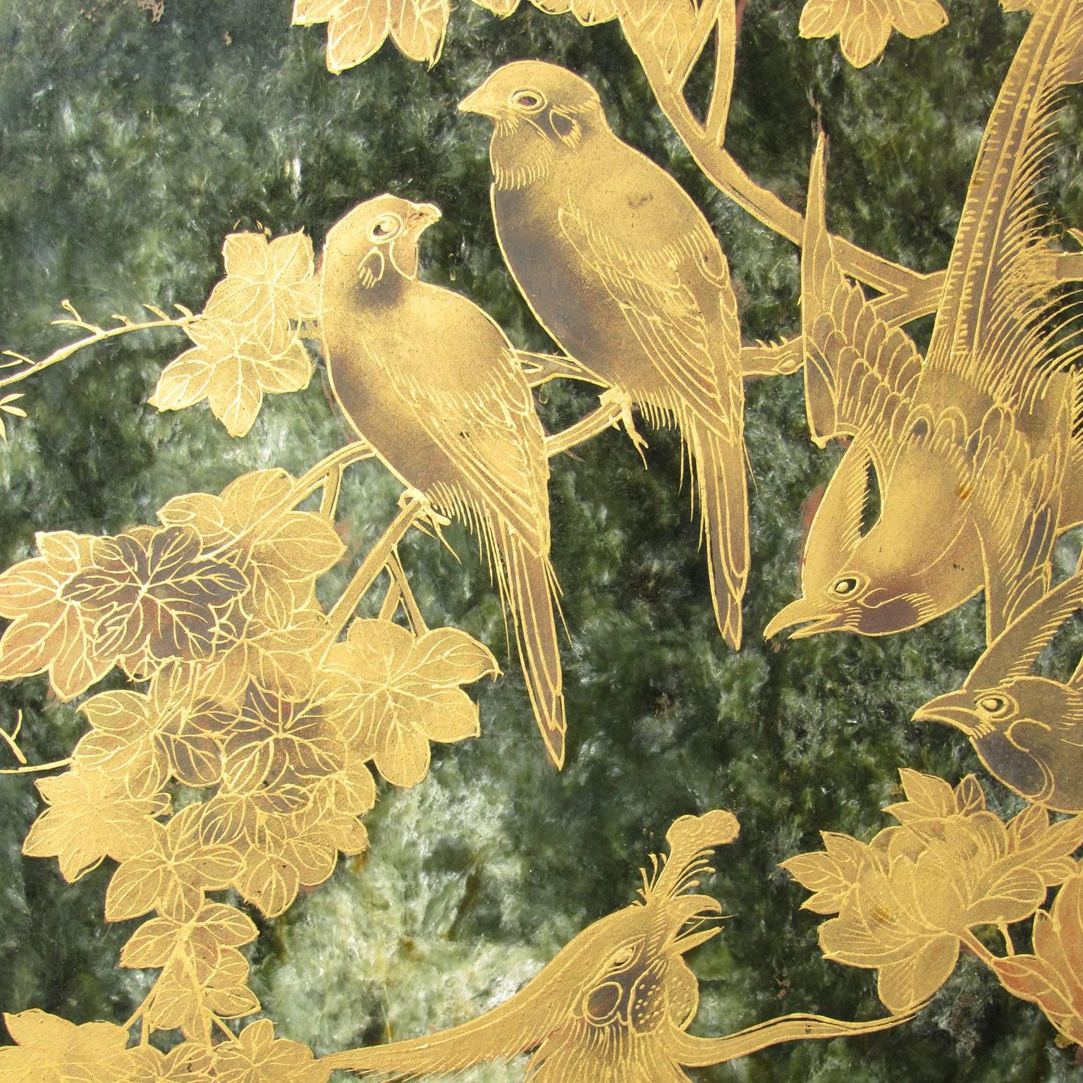 Pair of 19th Century Chinese Gilt Decorated Spinach Green Jade Table Screens 4