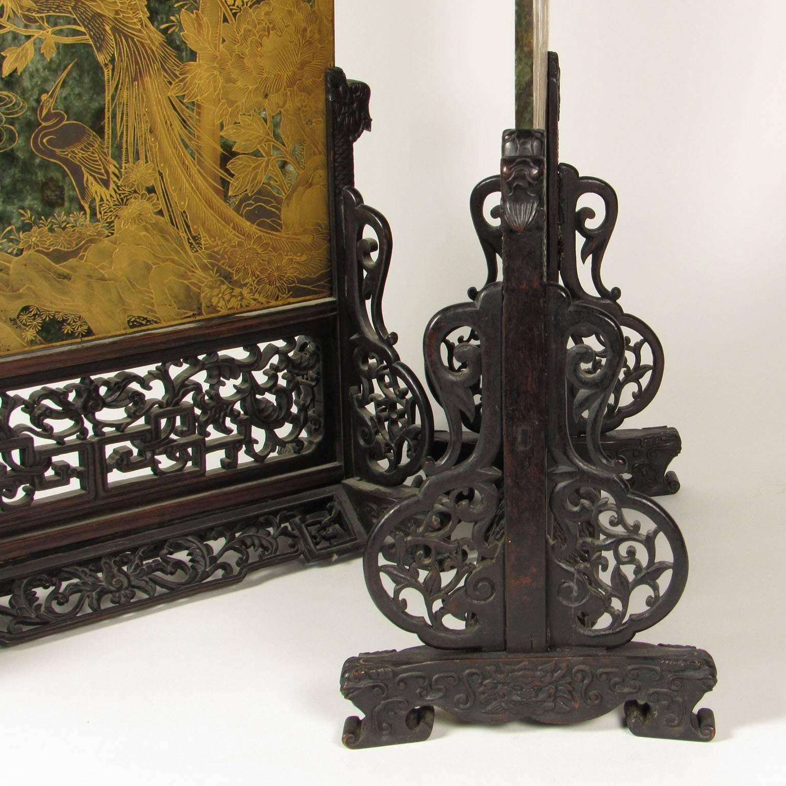 Pair of 19th Century Chinese Gilt Decorated Spinach Green Jade Table Screens 5