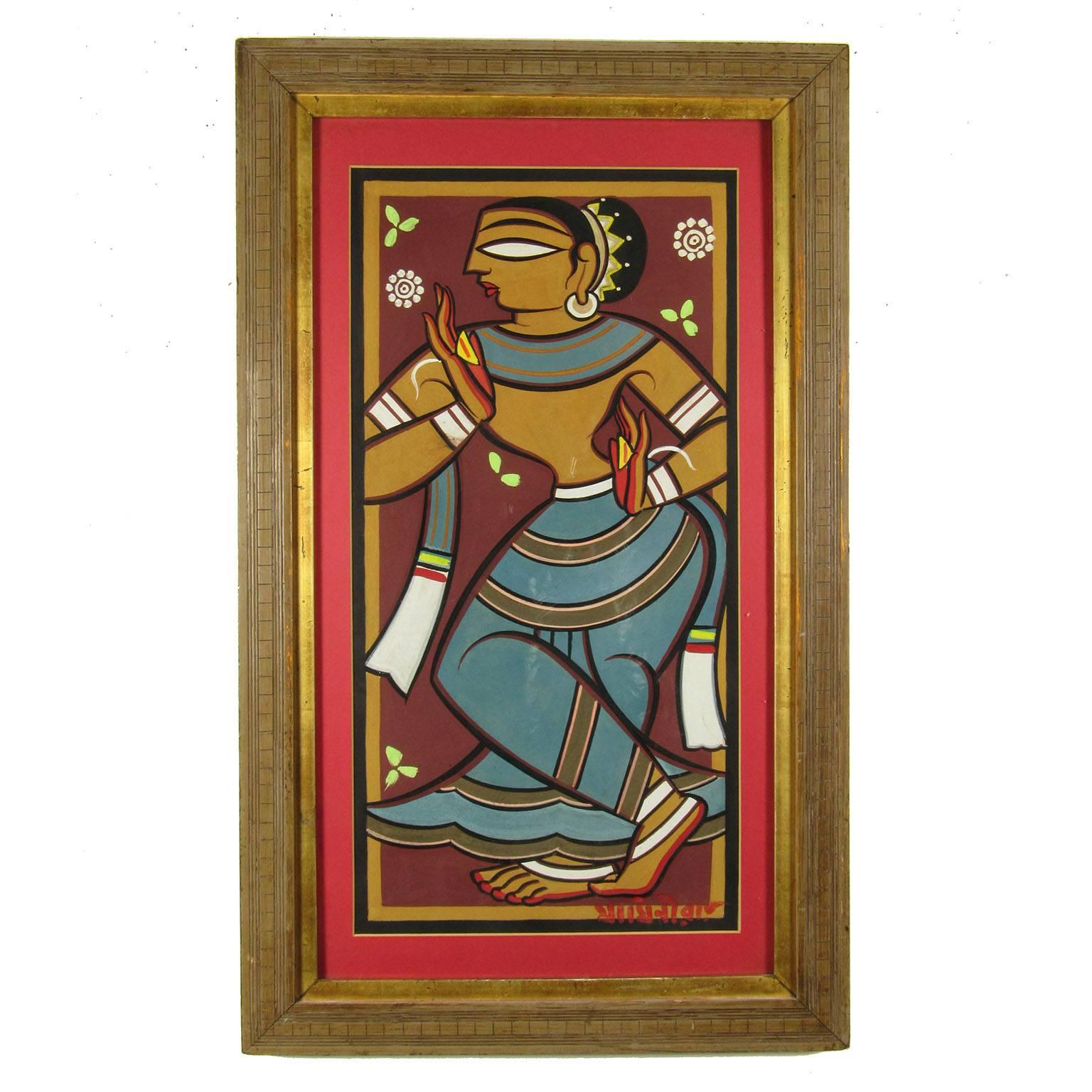 An original Jamini Roy (India, 1887-1972) gouache painting of a Gopini. Signed lower right and framed by Leo Rehfeld, New York. Sight: 21 x 10 1/2 inches. Framed: 27 3/4 x 16 3/4 inches.

Note: A Gopini is a Hindi name for a girl or girlfriend of