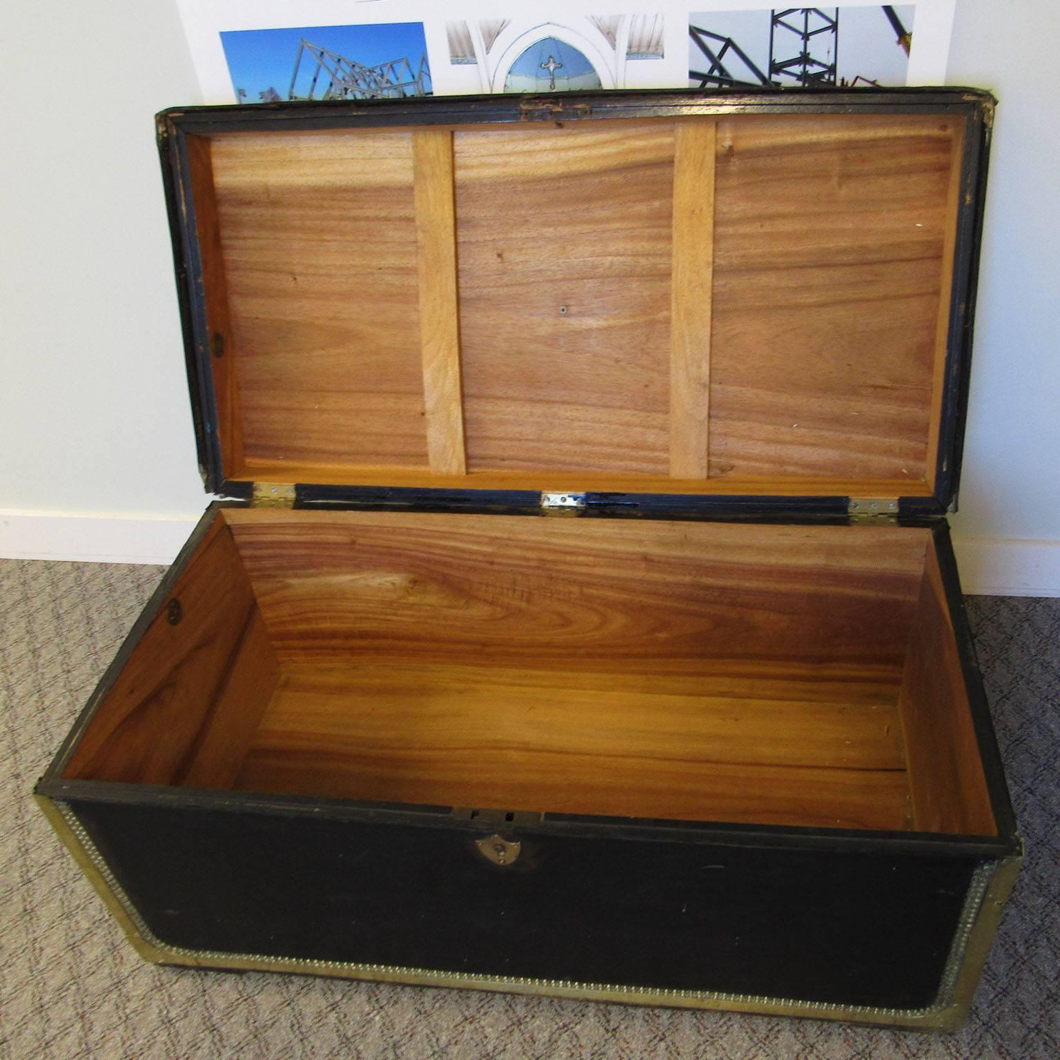 19th Century China Trade Leather and Brass Banded Camphor Wood Trunk In Good Condition In Concord, MA