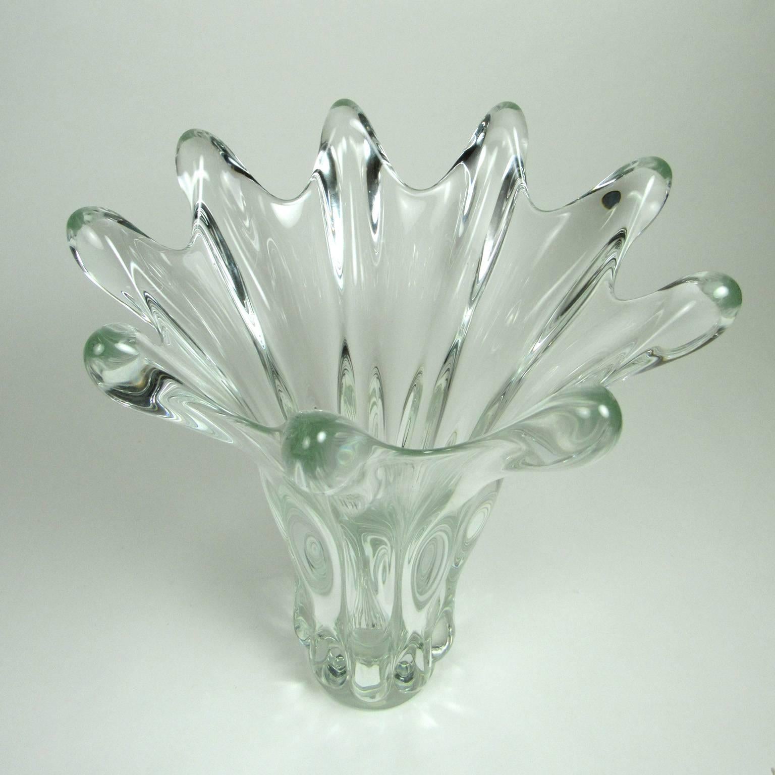 Impressive tall French Cristallenes de Vannes floriform crystal vase, mid-20th century. Bears acid etched Art Vannes France mark on bottom. Measures: Height 16 inches, diameter 12 inches.