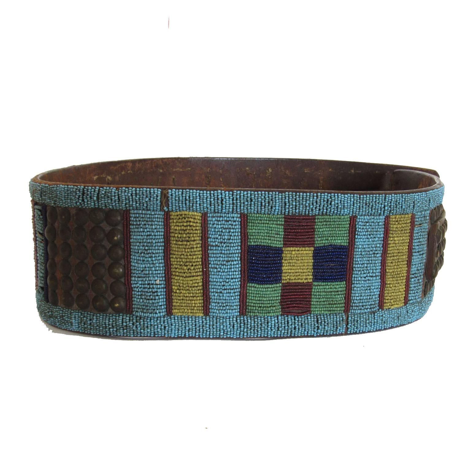 Mid-19th Century Native American Crow Beaded Leather Belt 3