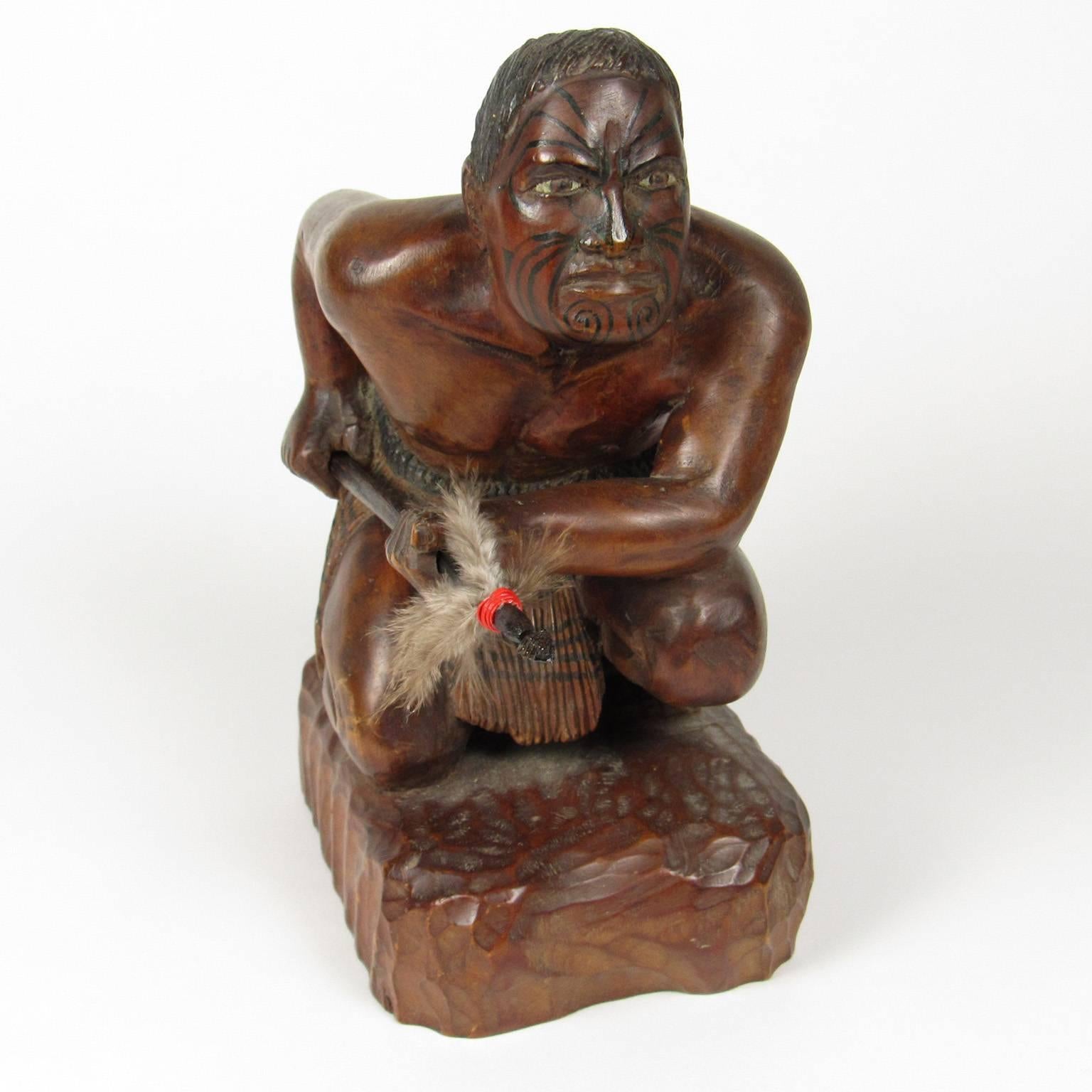 New Zealand Early 20th Century Carved and Polychromed Figure of a Maori Warrior For Sale