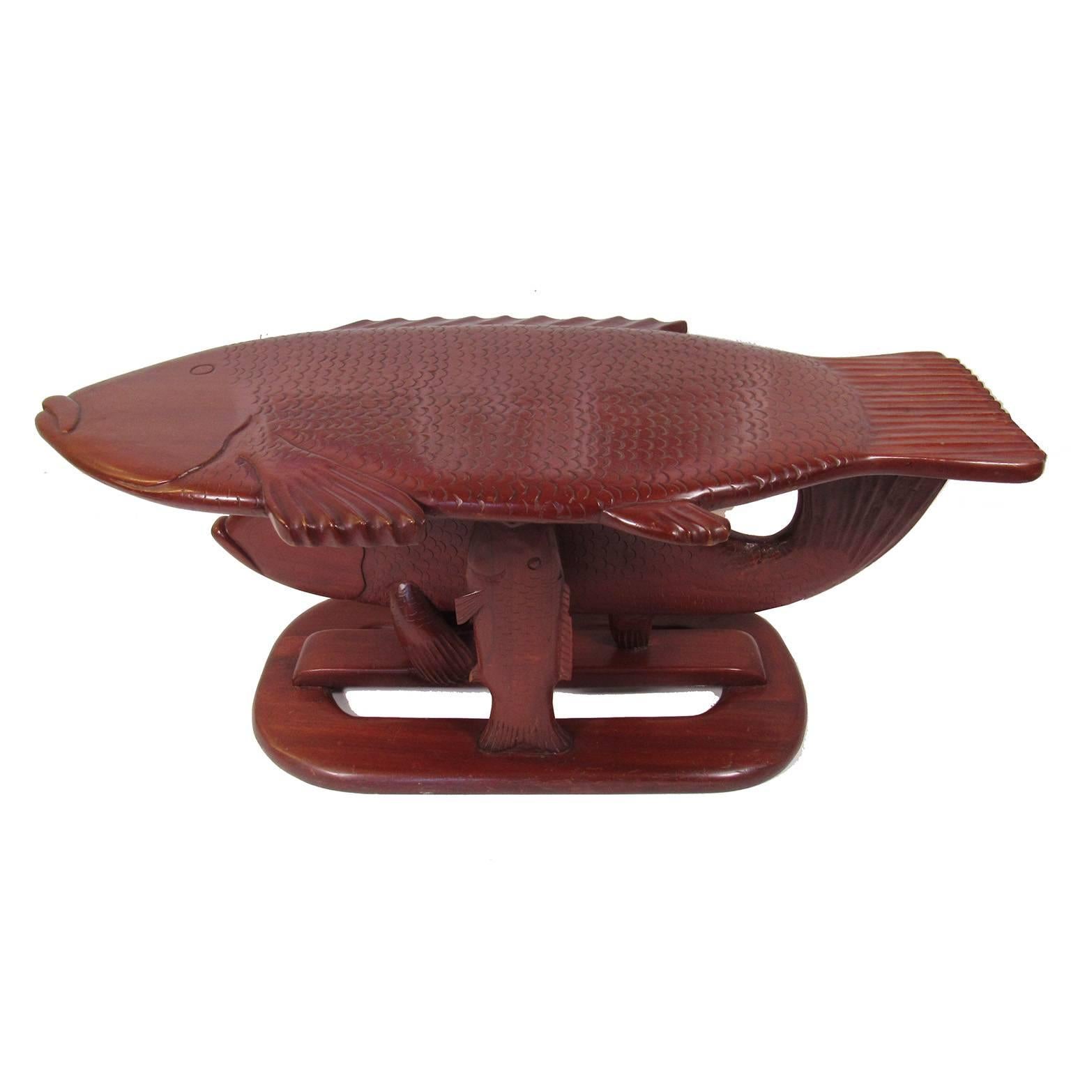 Vintage Folk Art Carved Wood Fish Form Coffee Table For Sale
