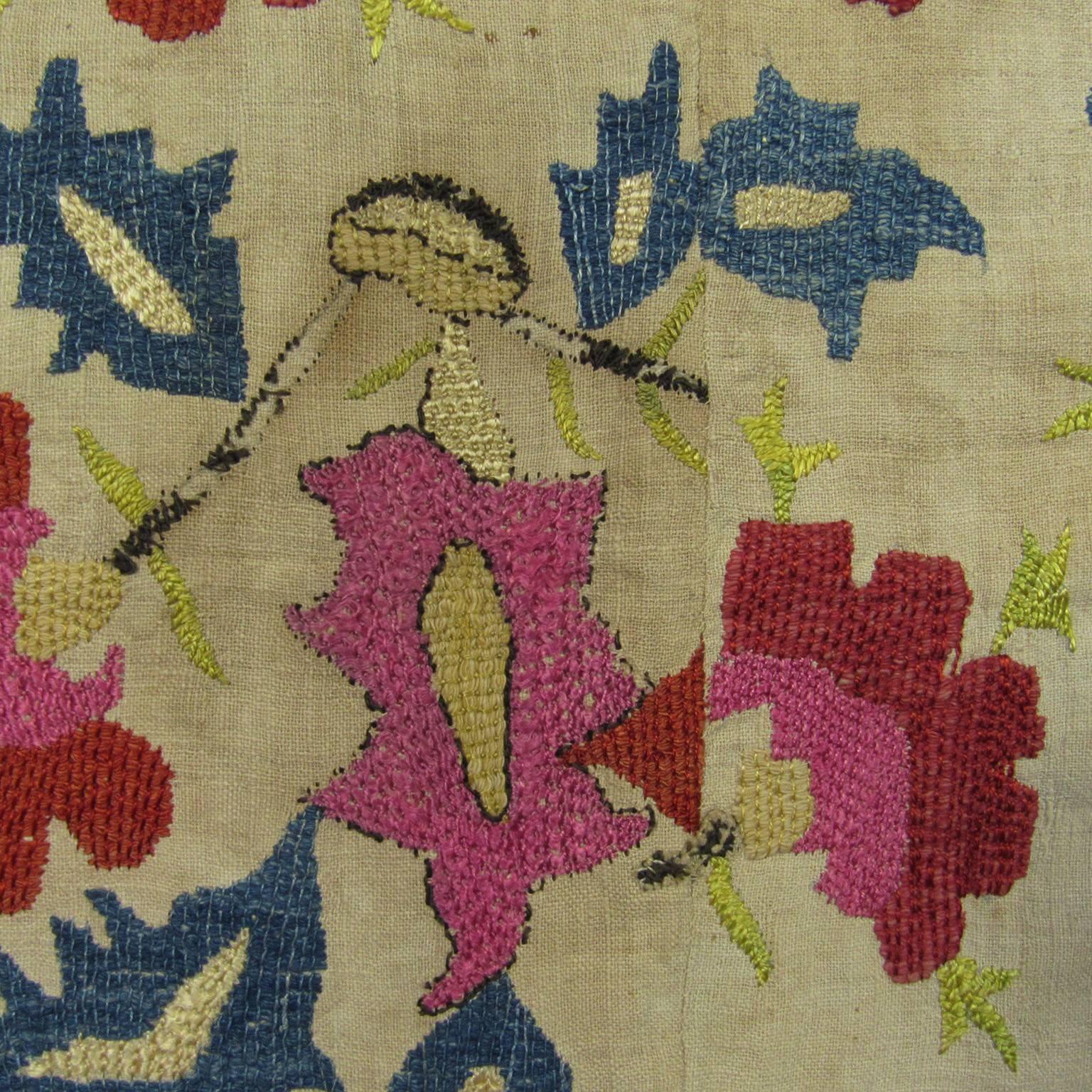 18th Century Ottoman Embroidered Textile Fragment. Floral design on linen foundation.  37 x 30 1/2 in. 