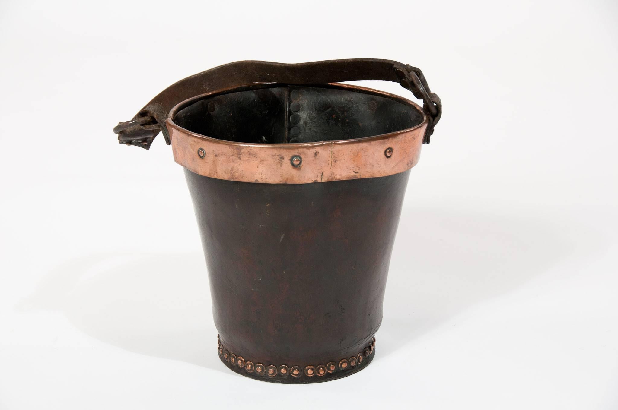 English 19th Century Leather and Copper Fire Bucket