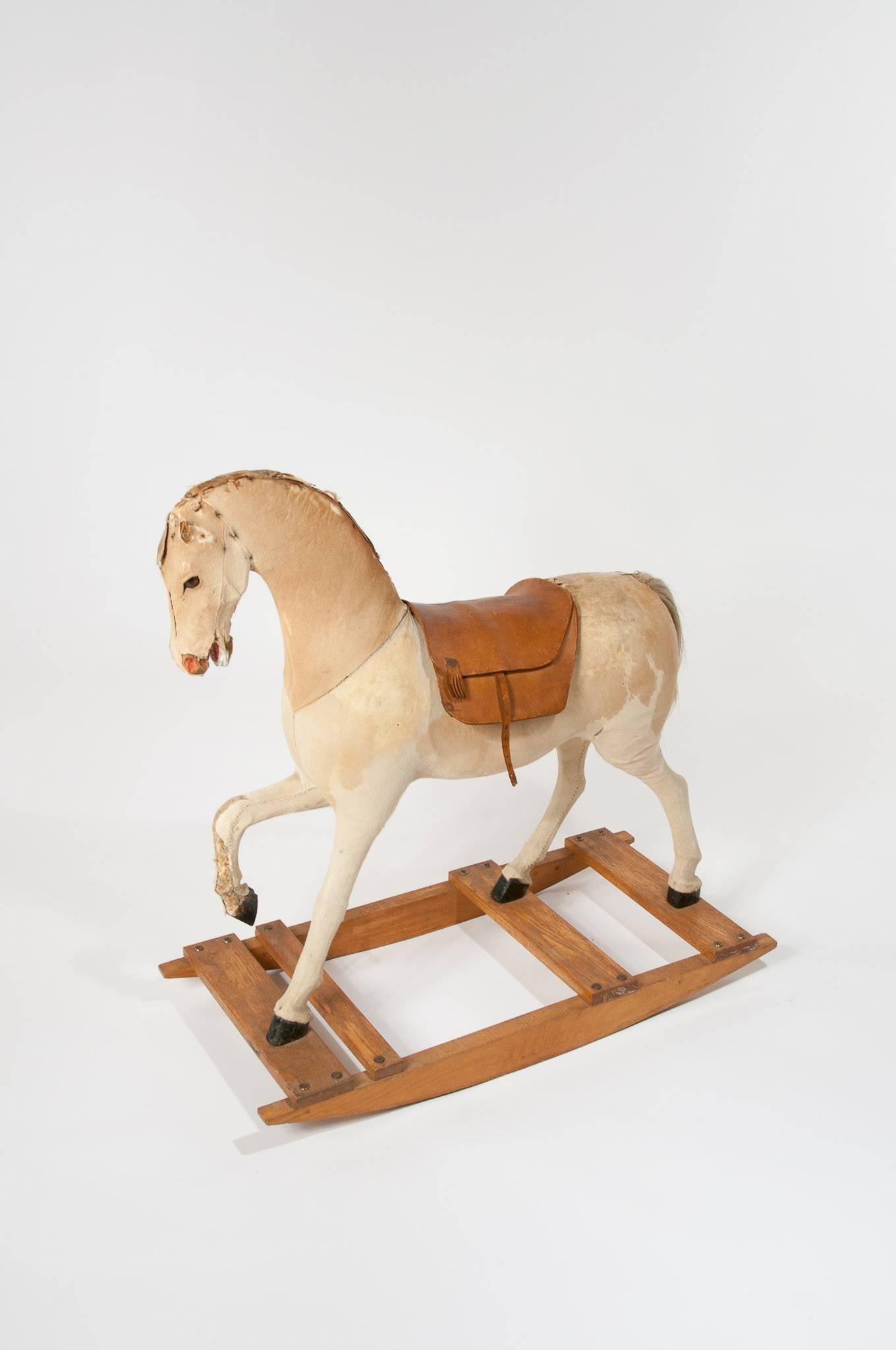 English Antique Victorian Rocking Horse on Oak Base