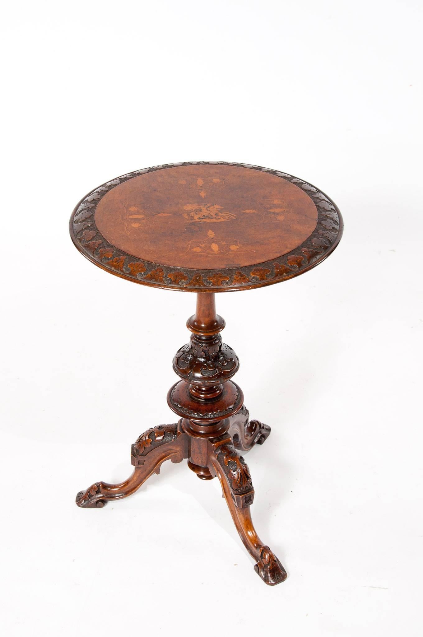 English Quality Irish Victorian Inlaid Walnut Tripod Occasional Table