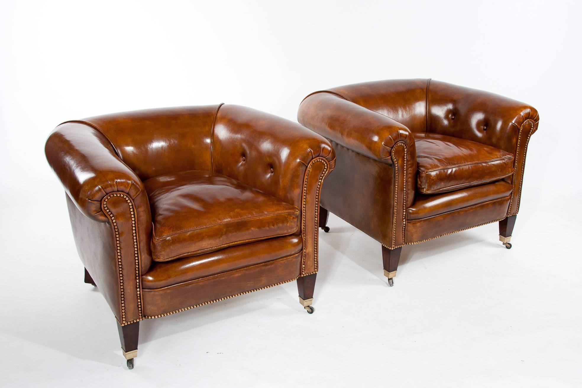 Edwardian Quality Pair of Antique Leather Tub Armchairs