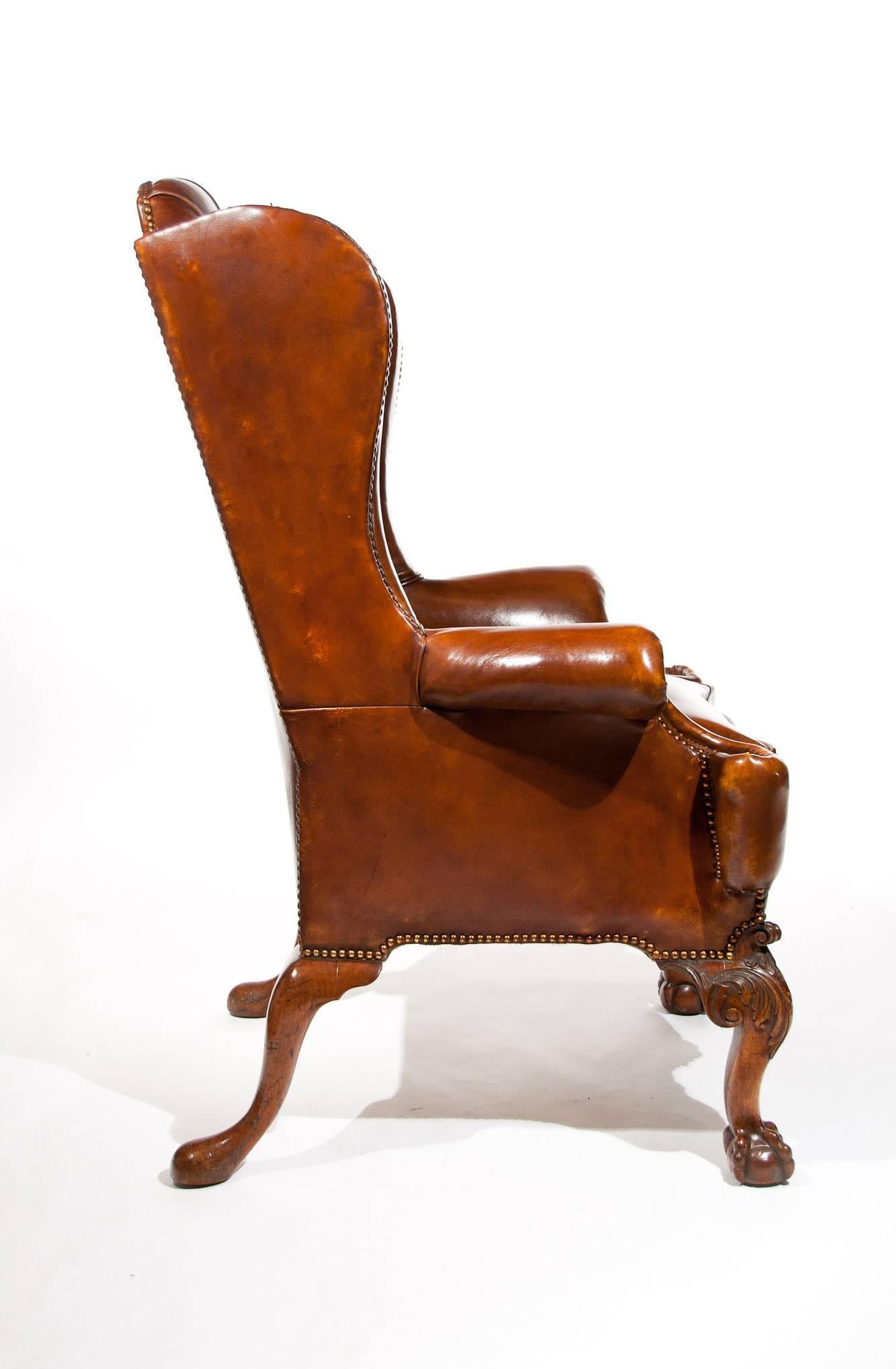 Exceptional 19th Century Walnut Leather Wing Back Armchair 4