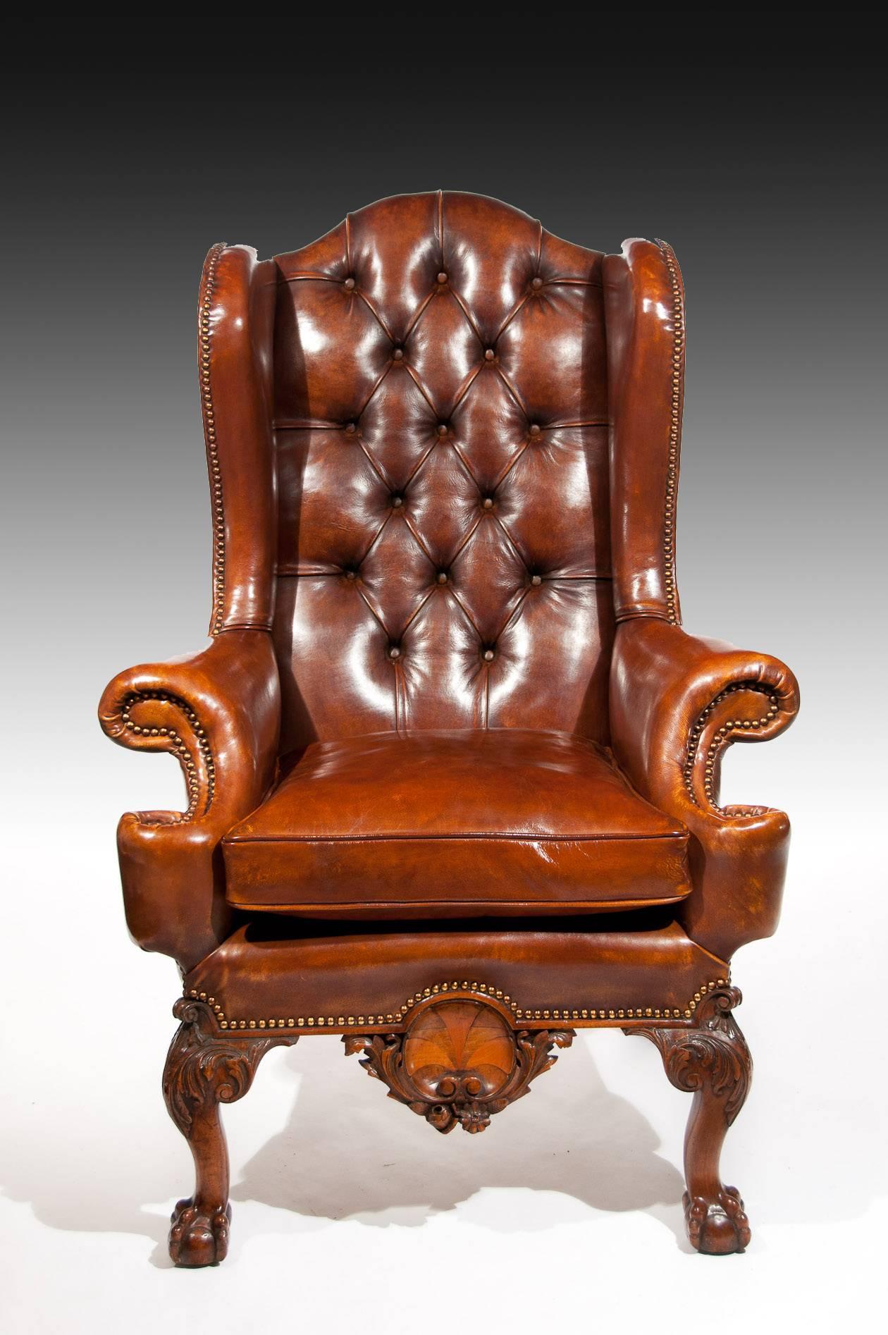 Exceptional 19th Century Walnut Leather Wing Back Armchair 1