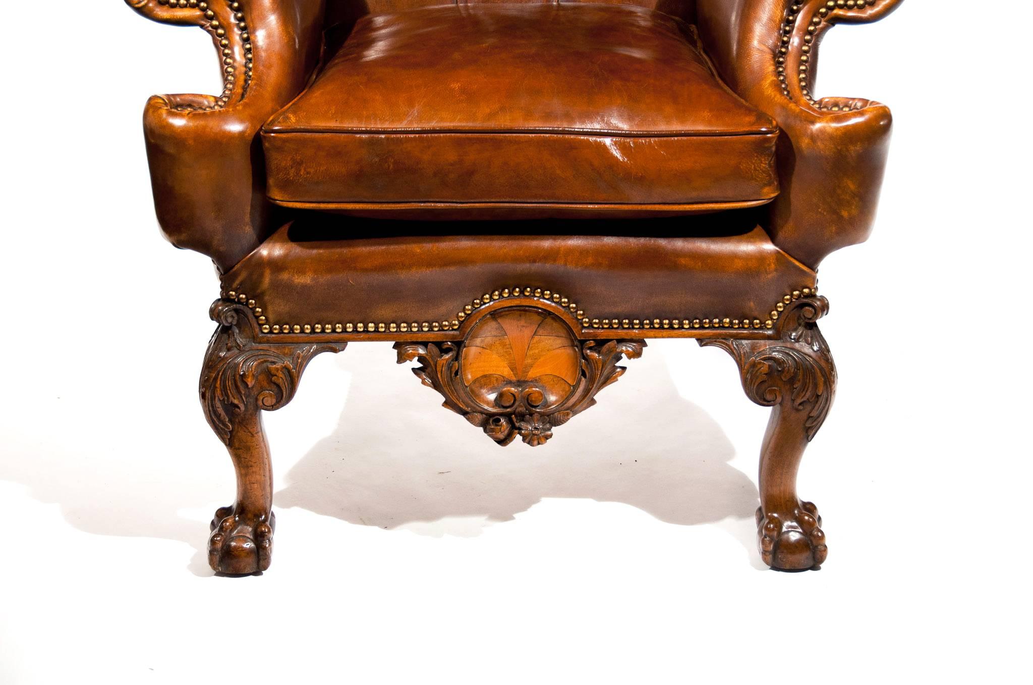 Exceptional 19th Century Walnut Leather Wing Back Armchair 2