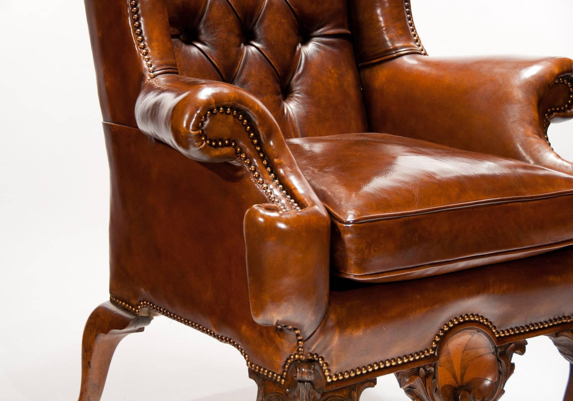 Victorian Exceptional 19th Century Walnut Leather Wing Back Armchair