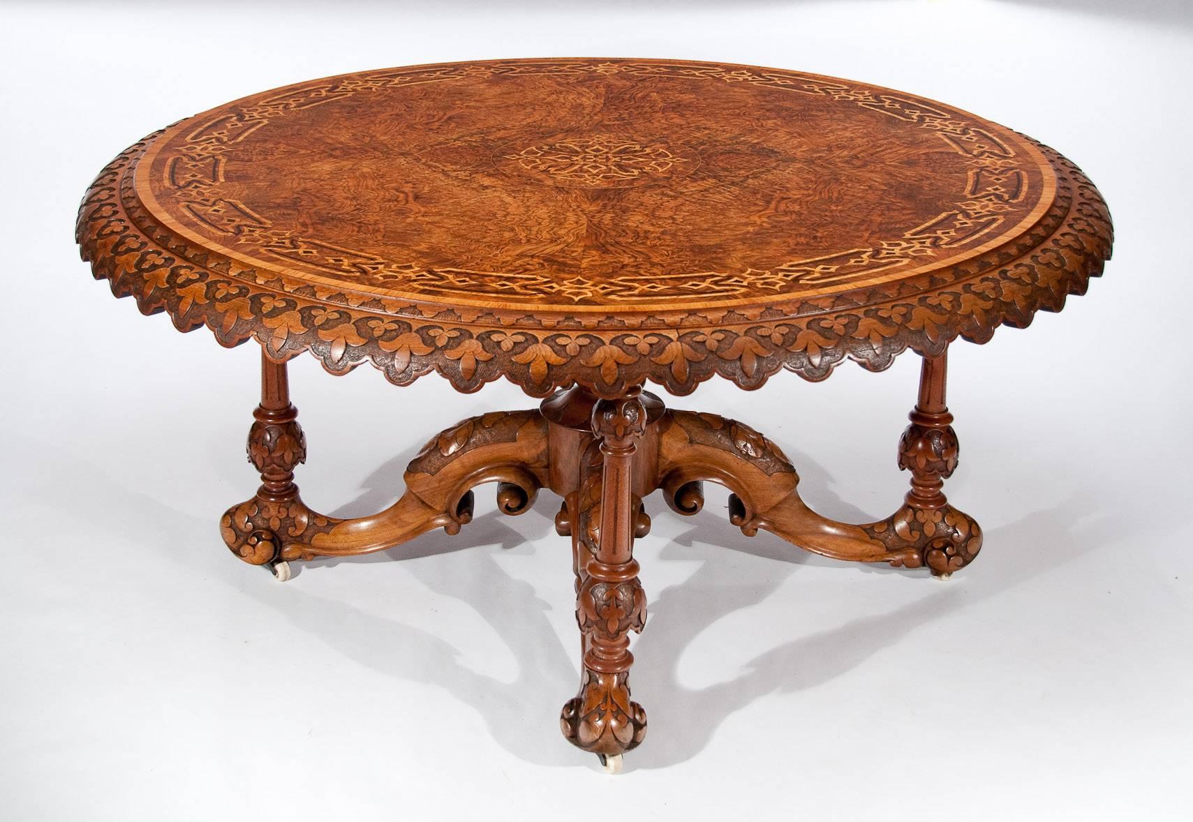 Marquetry Magnificent and Large Victorian Burr Walnut Centre Table