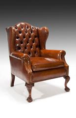 Quality 19th Century Mahogany Tuffed Leather Wing Back Armchair
